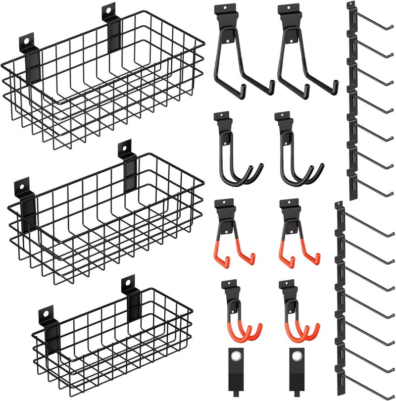 INCLY 27PCS Slatwall Accessories Kit, Includes 3 Pack Ventilated Metal Wire Slat Wall Baskets, Multisized Heavy Duty Slatwall Hooks and Storage Strap for Room Workshop Garage Organization - Image 1